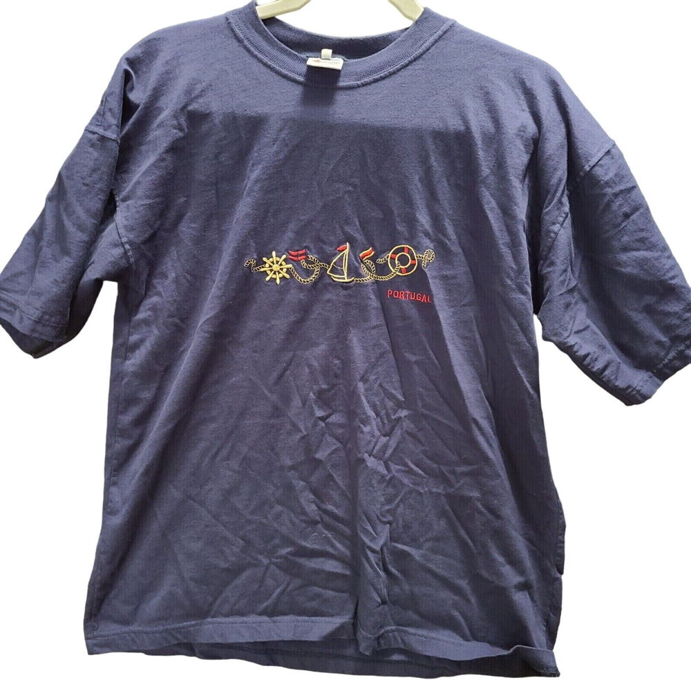 J.A.S Mens T-Shirt Blue Size XL 100% Cotton Short Sleeve Portugal Boat Design